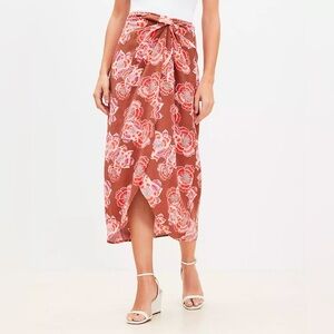 LOFT Textured Floral Twist Sarong Midi Skirt in Pink and Brown, size 6